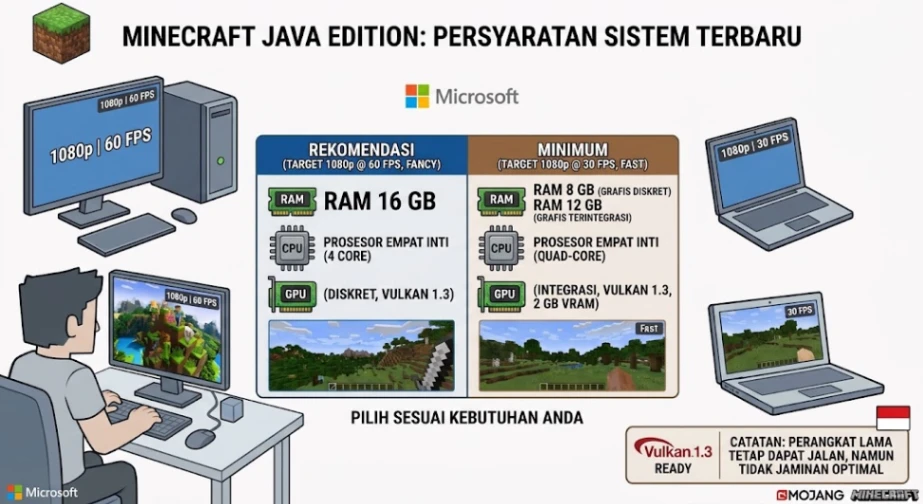 Minecraft Java Edition memperbarui persyaratan sistem. RAM 16 GB menjadi spesifikasi yang direkomendasikan untuk target 1080p pada 60 FPS (Ilustrasi AI: sisipublik.com)
