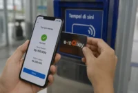 Pengguna melakukan pengisian saldo kartu e-money menggunakan ponsel yang mendukung fitur NFC (Ilustrasi AI : sisipublik.com)