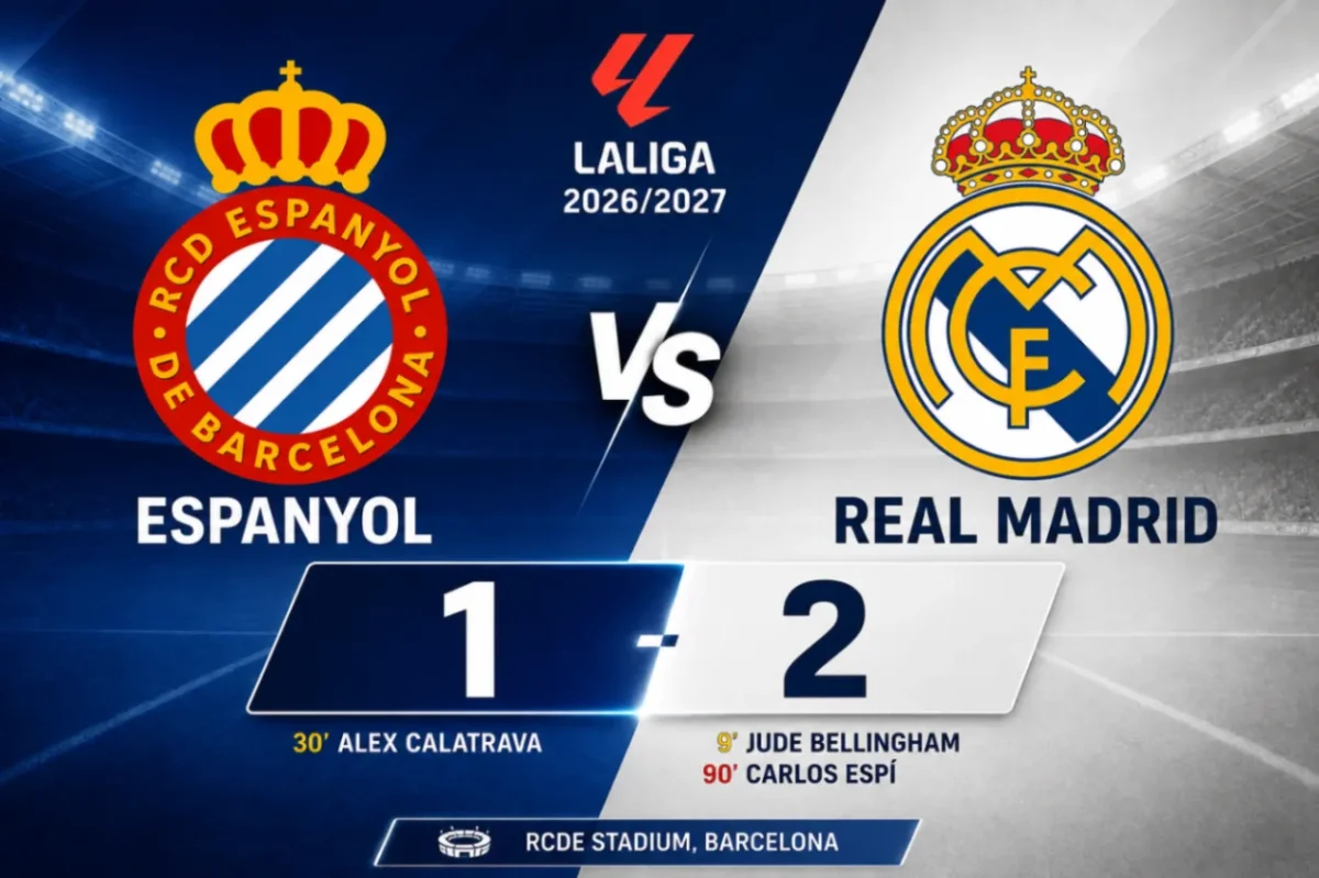 Real Madrid menang 2-1 saat menghadapi Espanyol pada laga Liga Spanyol 2026/2027 (Ilustrasi AI: sisipublik.com)
