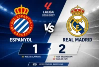 Real Madrid menang 2-1 saat menghadapi Espanyol pada laga Liga Spanyol 2026/2027 (Ilustrasi AI: sisipublik.com)