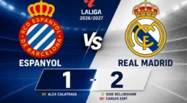 Real Madrid menang 2-1 saat menghadapi Espanyol pada laga Liga Spanyol 2026/2027 (Ilustrasi AI: sisipublik.com)