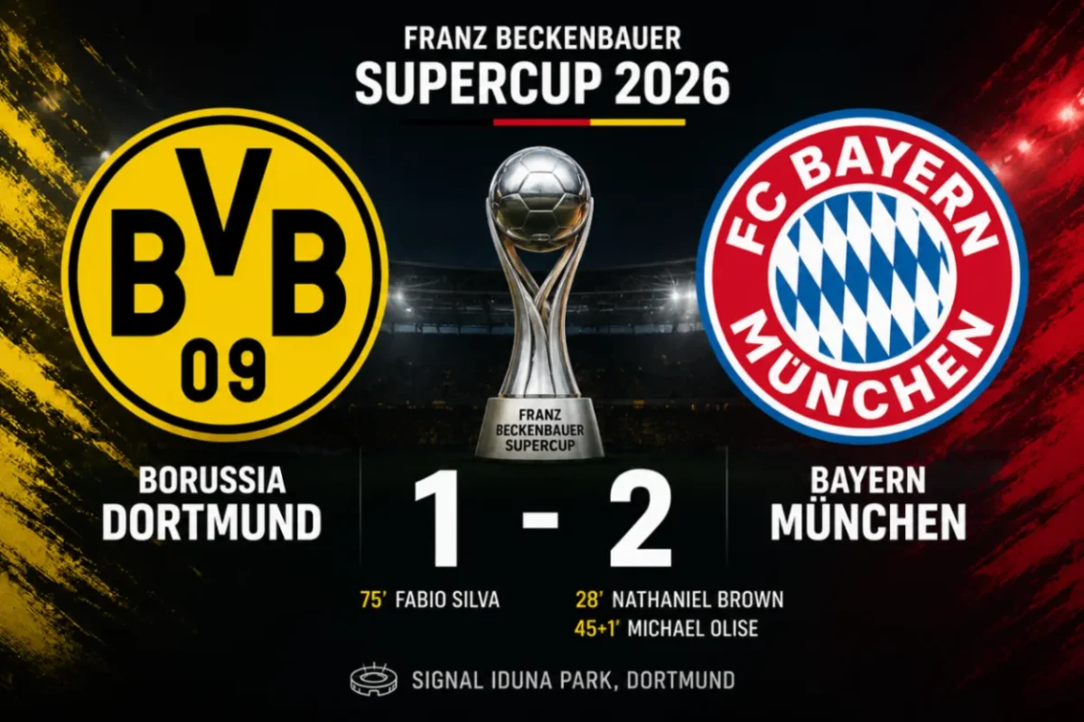 Bayern Munich menang 2-1 atas Borussia Dortmund dalam Franz Beckenbauer Supercup 2026 (Ilustrasi AI: sisipublik.com)