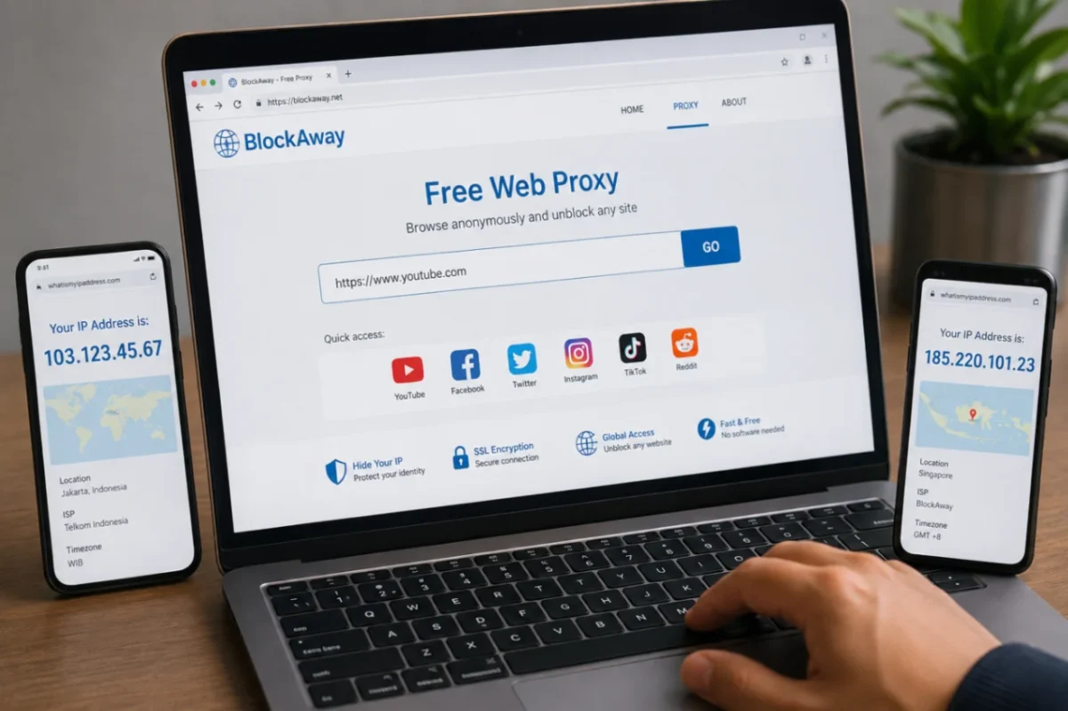 pengguna mengakses layanan proxy BlockAway melalui peramban untuk meneruskan permintaan ke situs tujuan. (ilustrasi AI : sisipublik.com)