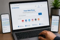 pengguna mengakses layanan proxy BlockAway melalui peramban untuk meneruskan permintaan ke situs tujuan. (ilustrasi AI : sisipublik.com)