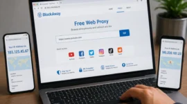 pengguna mengakses layanan proxy BlockAway melalui peramban untuk meneruskan permintaan ke situs tujuan. (ilustrasi AI : sisipublik.com)