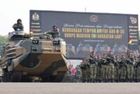 Kendaraan tempur amfibi AAV M-35 Korps Marinir TNI AL saat penerimaan 12 unit tahap pertama di Kesatrian Marinir Hartono, Cilandak, Jakarta Selatan (foto: kementerian pertahanan)