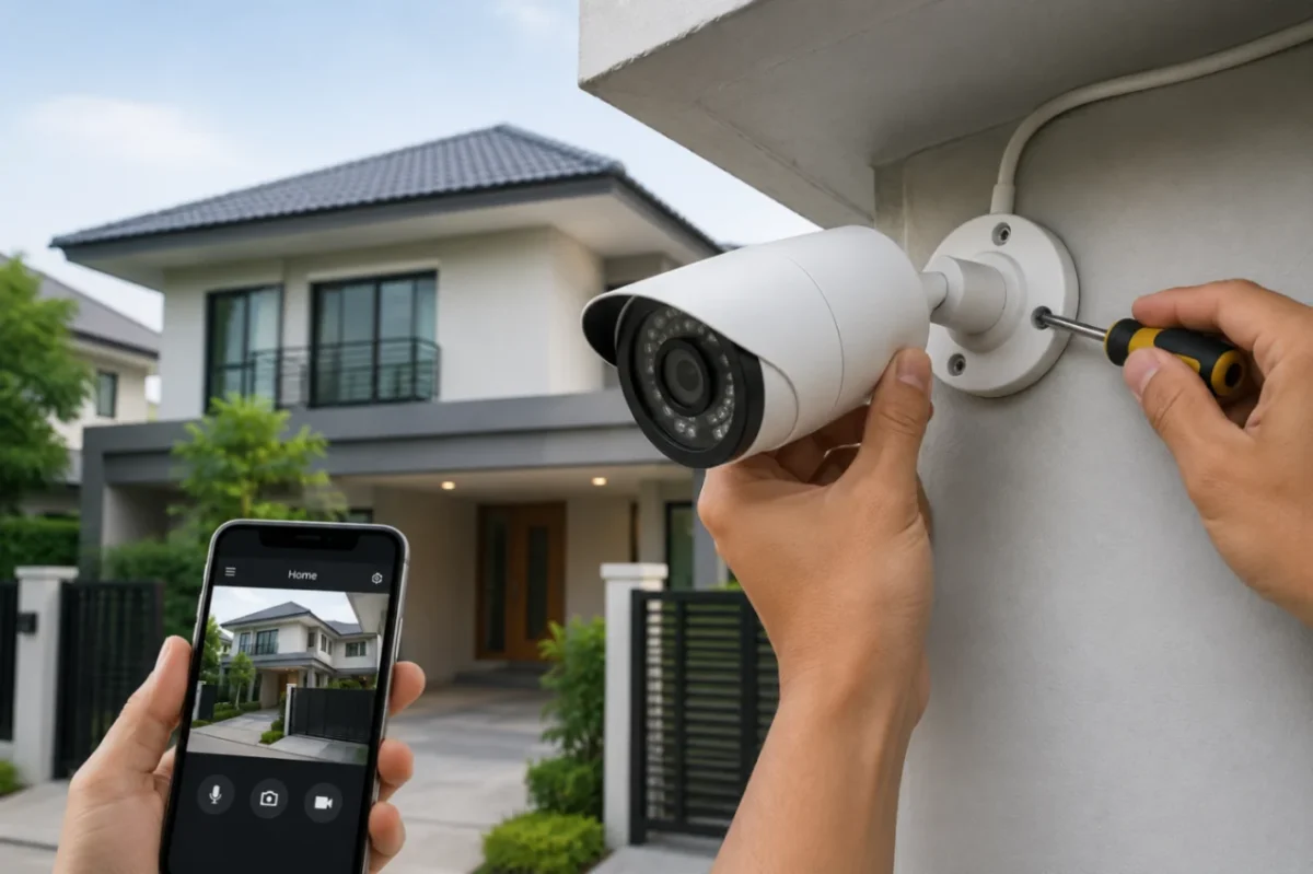 pemasangan kamera CCTV di rumah untuk memantau area hunian (Ilustrasi AI : sisipublik.com)