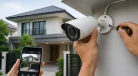 pemasangan kamera CCTV di rumah untuk memantau area hunian (Ilustrasi AI : sisipublik.com)