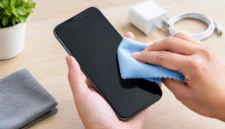 Membersihkan layar HP menggunakan kain mikrofiber secara perlahan dapat membantu mengangkat debu dan sidik jari tanpa memberikan tekanan berlebihan (Ilustrasi AI: sisipublik.com)