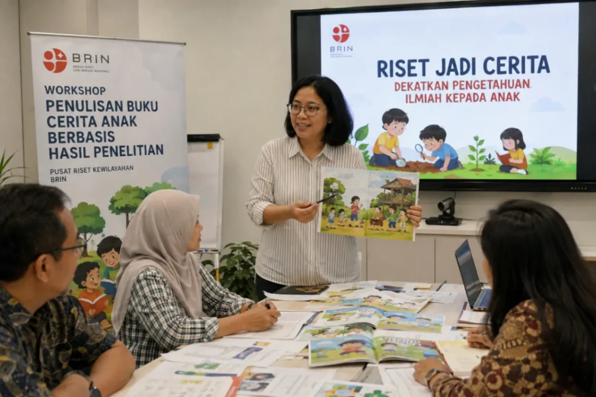 penelitian BRIN menjadi cerita anak melalui penyesuaian bahasa, tokoh, alur, dan ilustrasi (Ilustrasi AI: sisipublik.com)