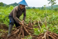 Petani memanen singkong di lahan pertanian. Komoditas ini mendapat peluang pasar baru seiring pengembangan industri bioetanol (Ilustrasi AI : sisipublik.com)