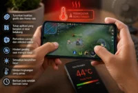 pengguna bermain game di HP Android. Aktivitas gaming dengan beban pemrosesan tinggi dapat meningkatkan suhu perangkat (Ilustrasi AI : sisipublik.com)
