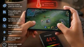 pengguna bermain game di HP Android. Aktivitas gaming dengan beban pemrosesan tinggi dapat meningkatkan suhu perangkat (Ilustrasi AI : sisipublik.com)