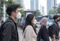 Warga mengenakan masker untuk mengurangi risiko paparan abu vulkanik Anak Krakatau yang menyebar ke sejumlah wilayah di Pulau Jawa (Ilustrasi AI : sisipublik.com)