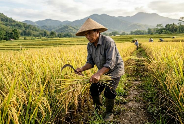 Petani memeriksa tanaman padi di sawah sebagai bagian dari upaya menjaga produksi dan ketahanan pangan nasional (Ilustrasi AI: sisipublik.com)