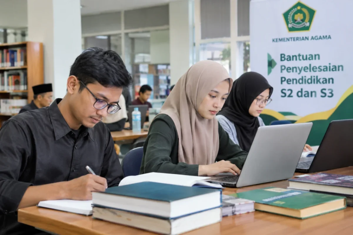 Mahasiswa pascasarjana mengikuti aktivitas akademik. Kemenag membuka Bantuan Penyelesaian Pendidikan bagi mahasiswa S2 dan S3 dalam negeri (Ilustrasi AI: sisipublik.com)