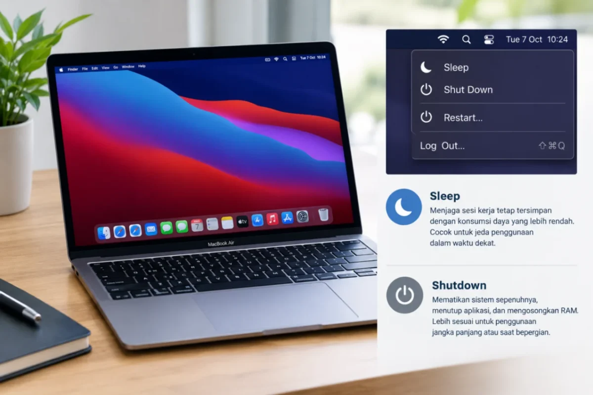 MacBook menyediakan mode Sleep untuk jeda penggunaan dan Shutdown untuk mematikan perangkat sepenuhnya sesuai kebutuhan pengguna (Ilustrasi AI: sisipublik.com)