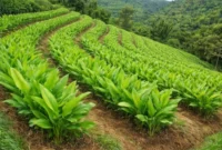 Petani dapat menerapkan penanaman mengikuti garis kontur, mulsa organik, dan pengelolaan air untuk menjaga kesuburan lahan budidaya kunyit (Ilustrasi AI: sisipublik.com)
