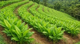 Petani dapat menerapkan penanaman mengikuti garis kontur, mulsa organik, dan pengelolaan air untuk menjaga kesuburan lahan budidaya kunyit (Ilustrasi AI: sisipublik.com)