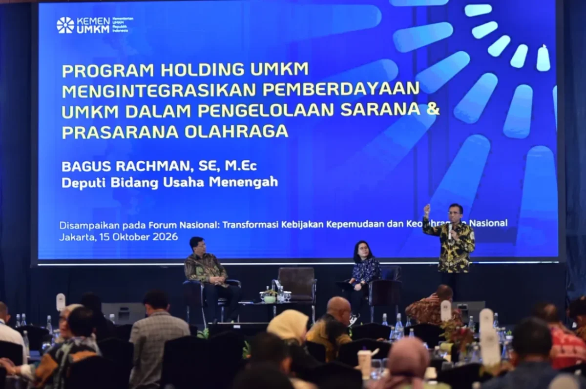 Perwakilan Kemenpora, Kemendagri, dan Kementerian UMKM membahas optimalisasi sarana olahraga untuk mendorong kegiatan ekonomi dan memperluas peluang usaha bagi UMKM dalam Forum Nasional Transformasi Kebijakan Kepemudaan dan Keolahragaan Nasional 2026 di Jakarta (foto: kementerian pemuda dan olahraga)